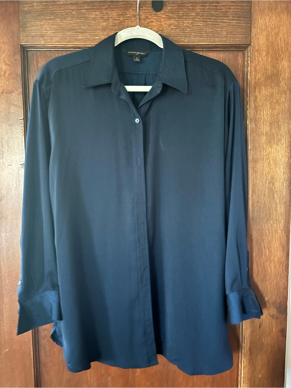Banana Republic Navy Silk-Like Oversized Button-Up Blouse